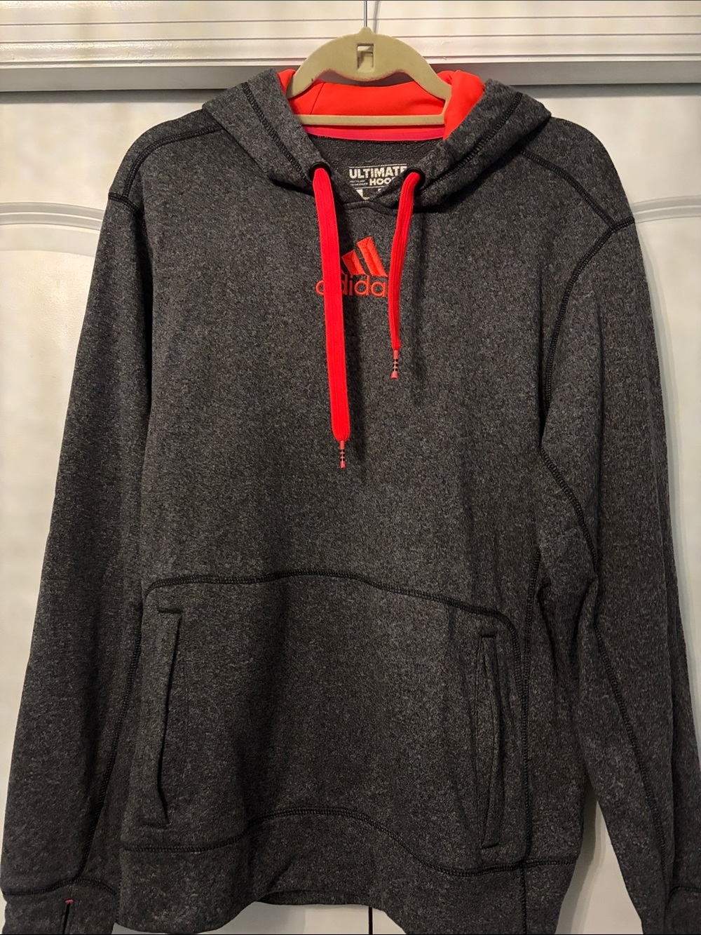 adidas Men’s Charcoal Gray Hoodie with Bright Orange Accents